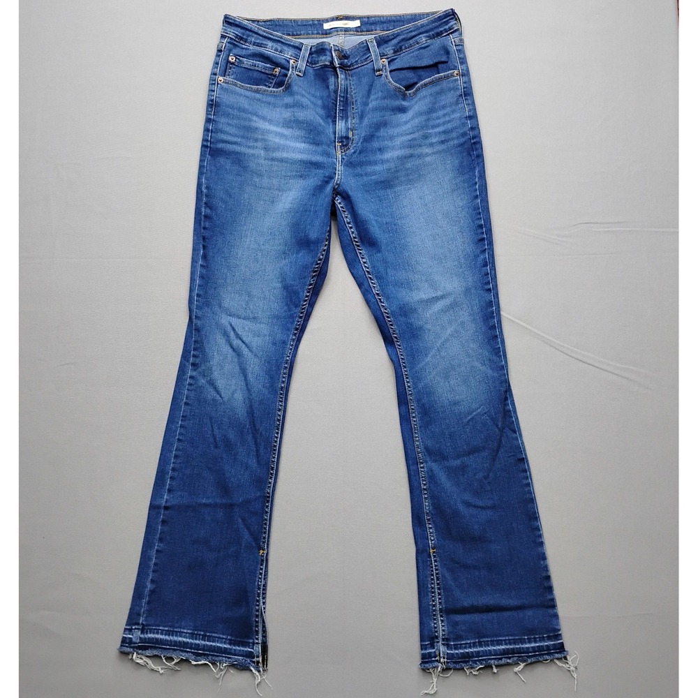 Levis 725 High Rise Bootcut Jeans Blueβ Frayed Hem Slit Size 33